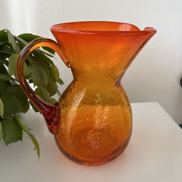 Vintage BLENKO Crackle Hand Blown Art Glass Tangerine/ Amberina Pitcher w Handle - Picture 6 of 9